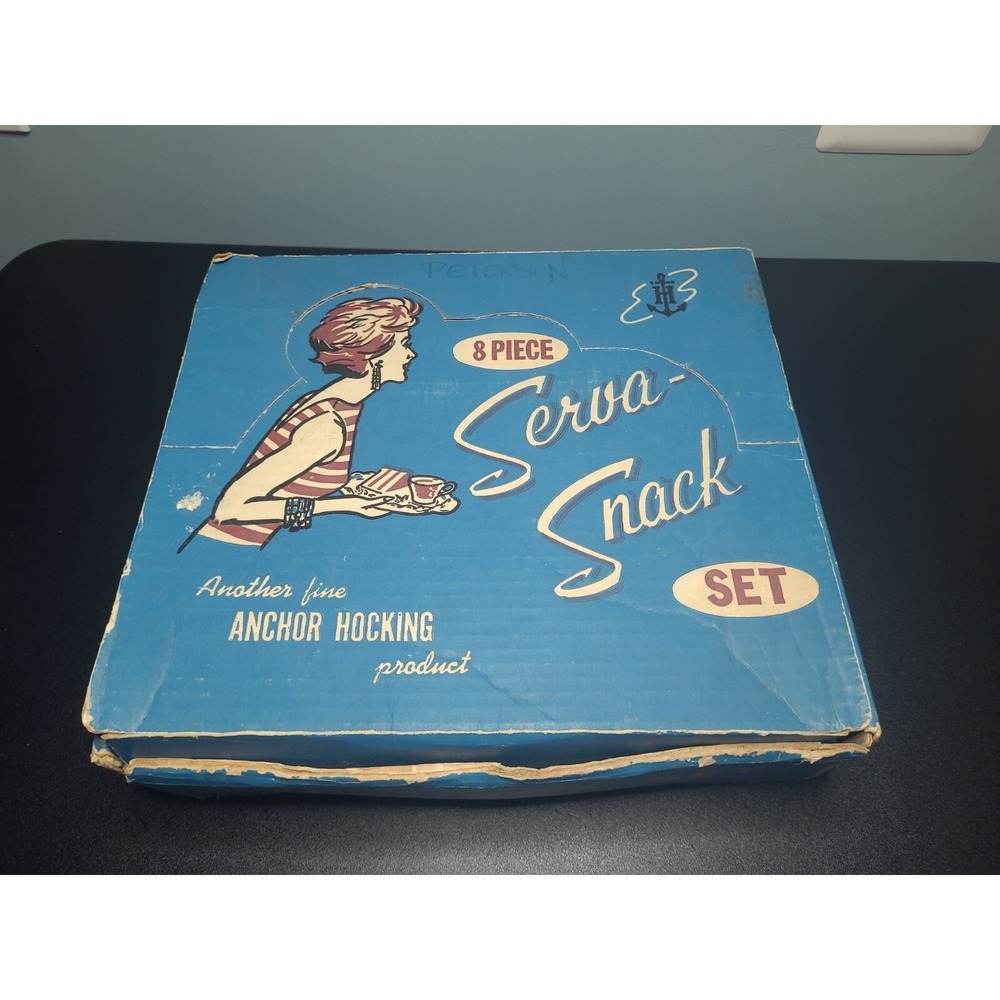 VINTAGE "SERVA-SNACK" SET ANCHOR HOCKING  Incomple SERVICE FOR 3  ORIGINAL BOX